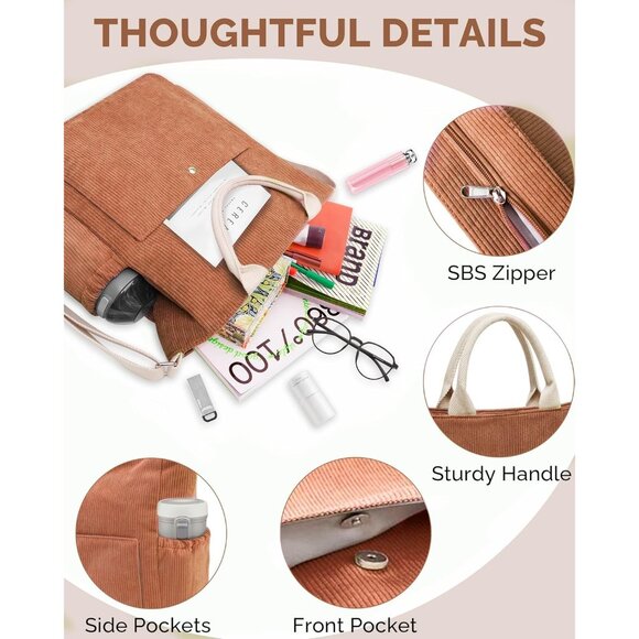 Prite Women Brown Corduroy Large Hobo Shoulder Crossbody Tote Bag With Pockets - Picture 5 of 12